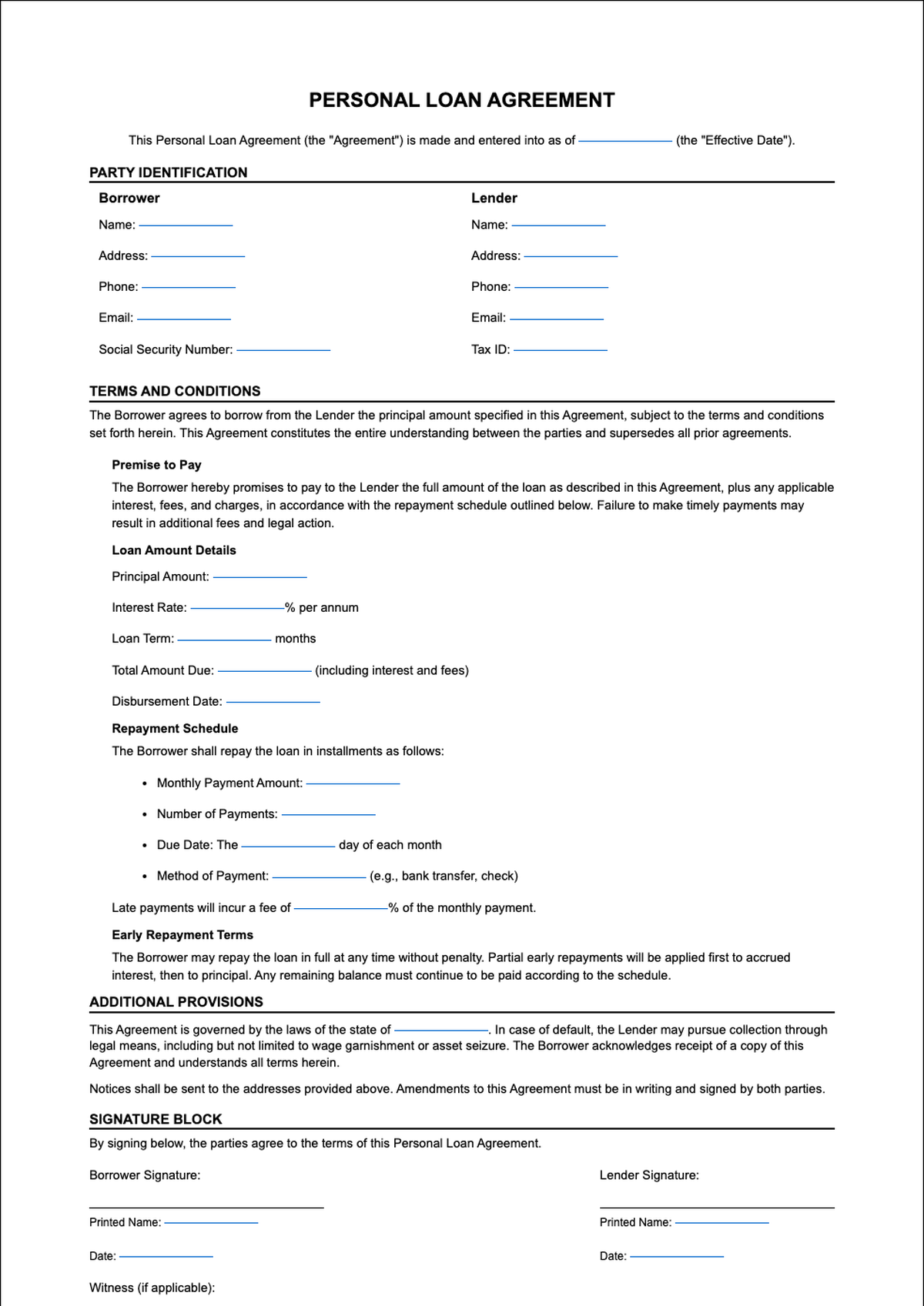 Personal loan agreement form with fillable fields_variant_3